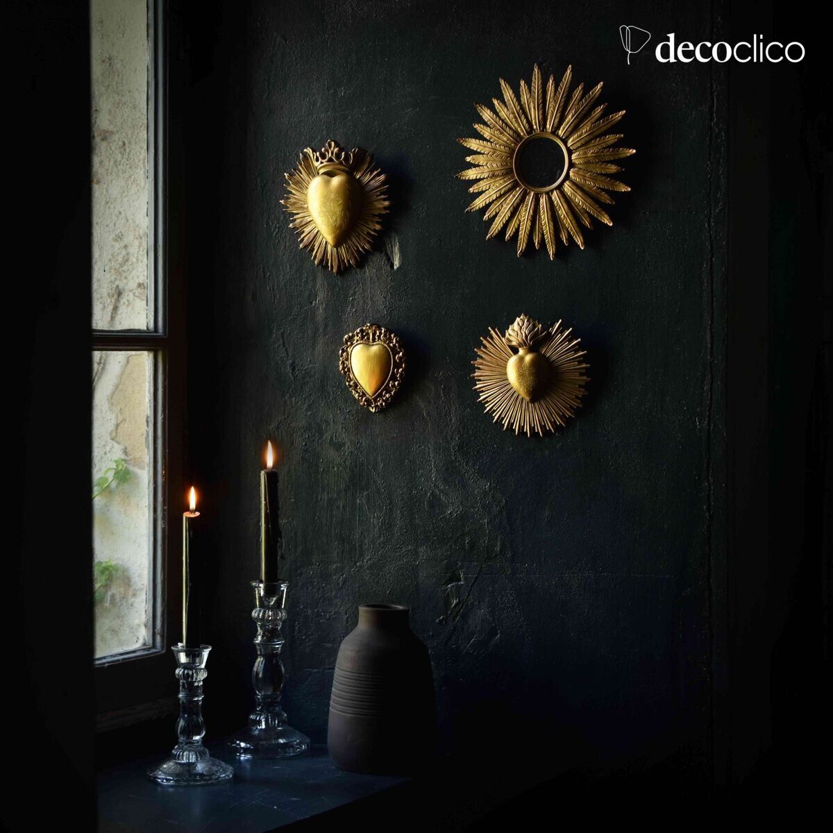 Set van 4 Ex Voto wanddecoraties en vergulde barokspiegel Manderley