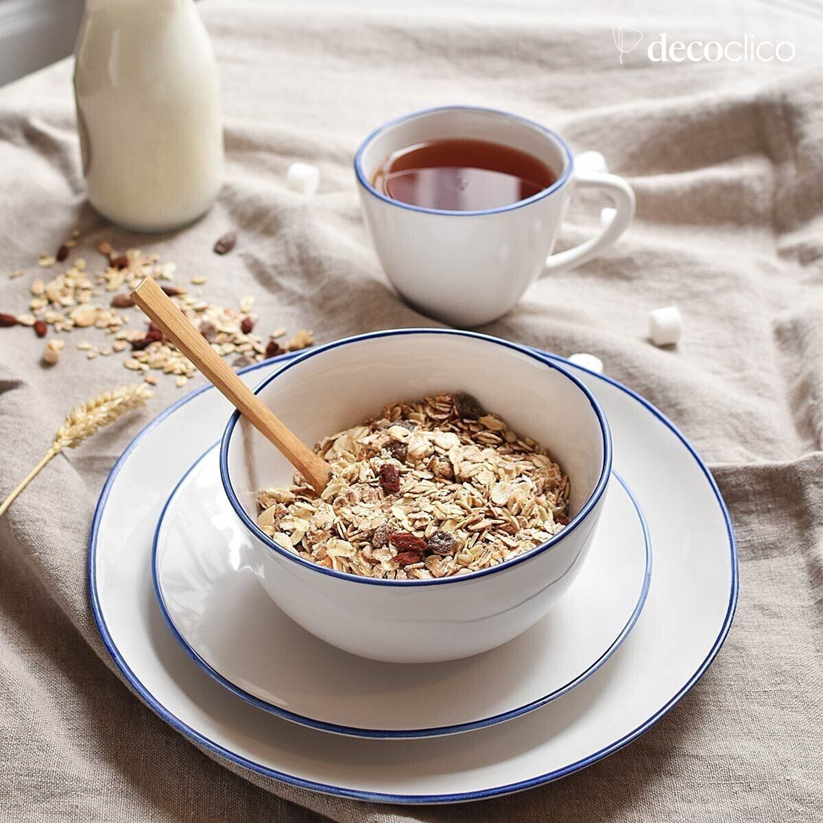 Set van 4 witte keramische dinerborden met blauwe rand Baltique