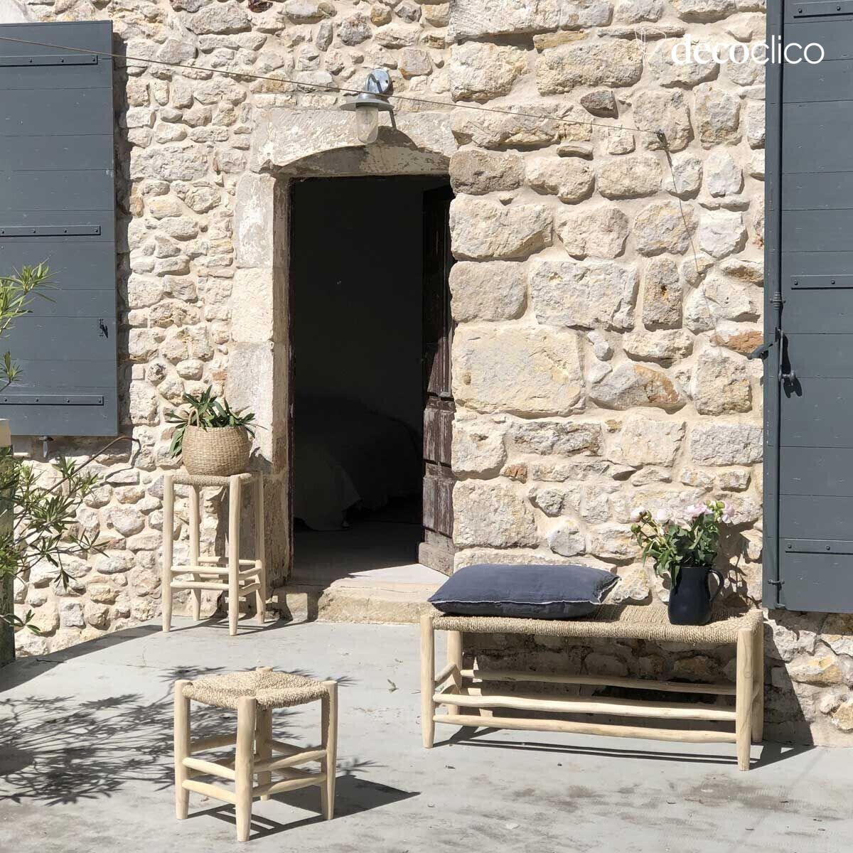 Sgabello da bar in teak e giunco marino Pepper