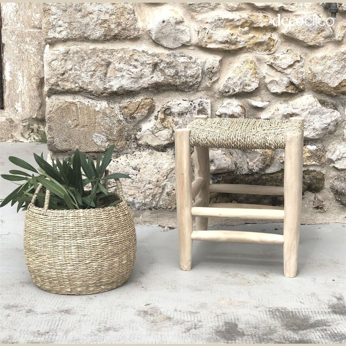 Sgabello in legno di teak e giunco di mare Pepper