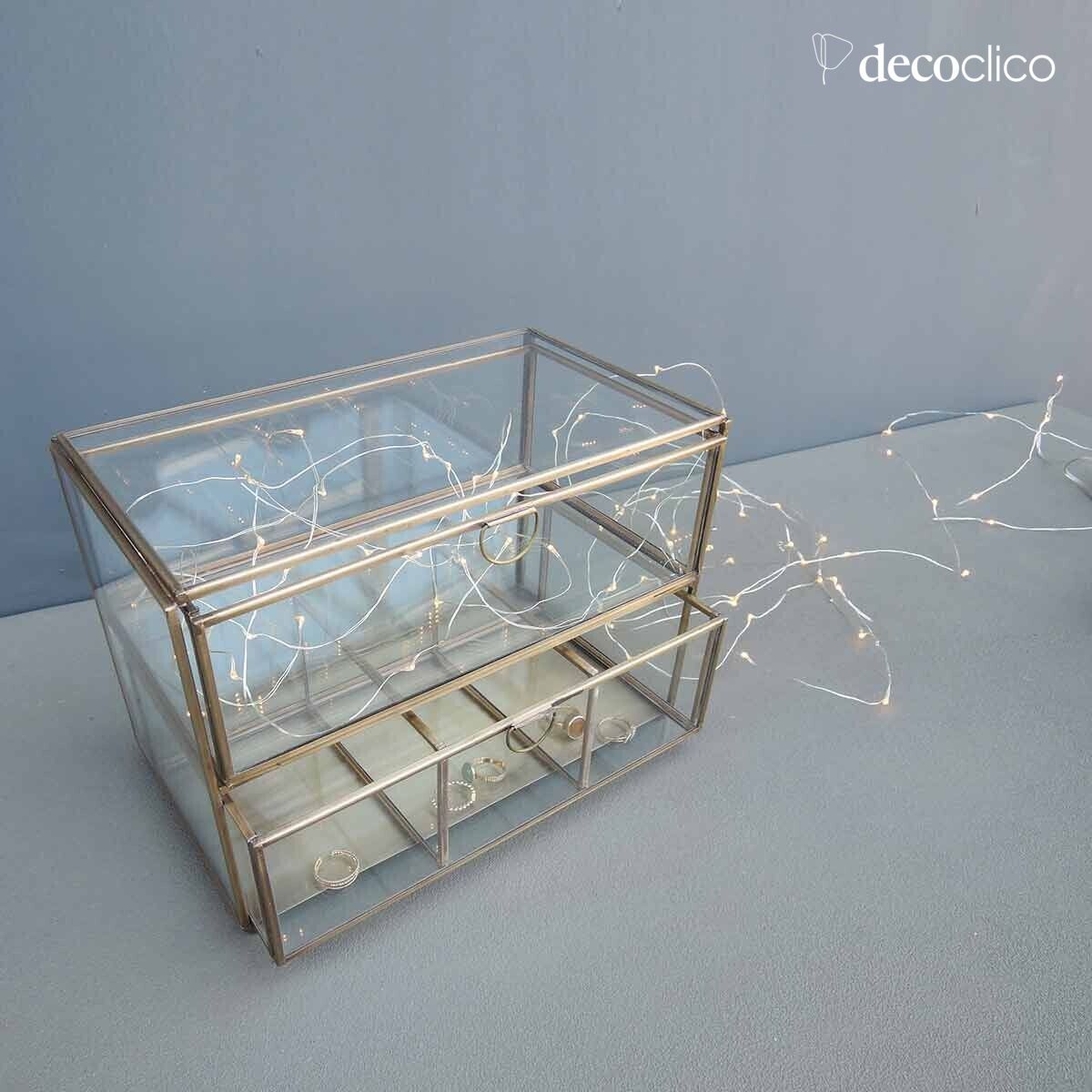 Sieradendoosje met compartimenten, 2 lades, glas en metaal, antiek messing afwerking Mira