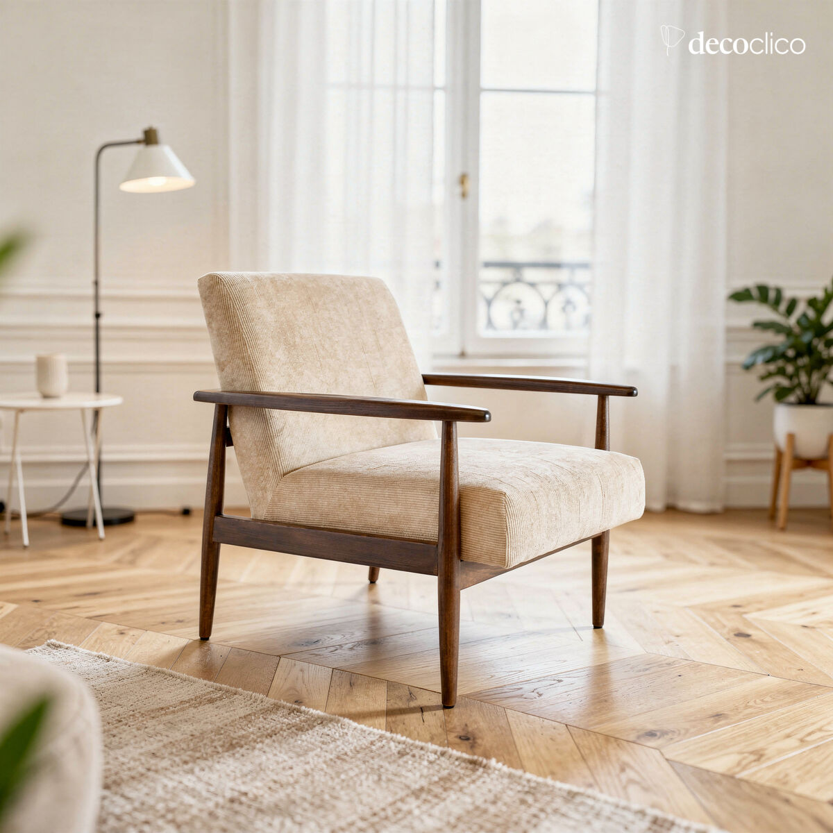 Sillón de fresno y terciopelo beige