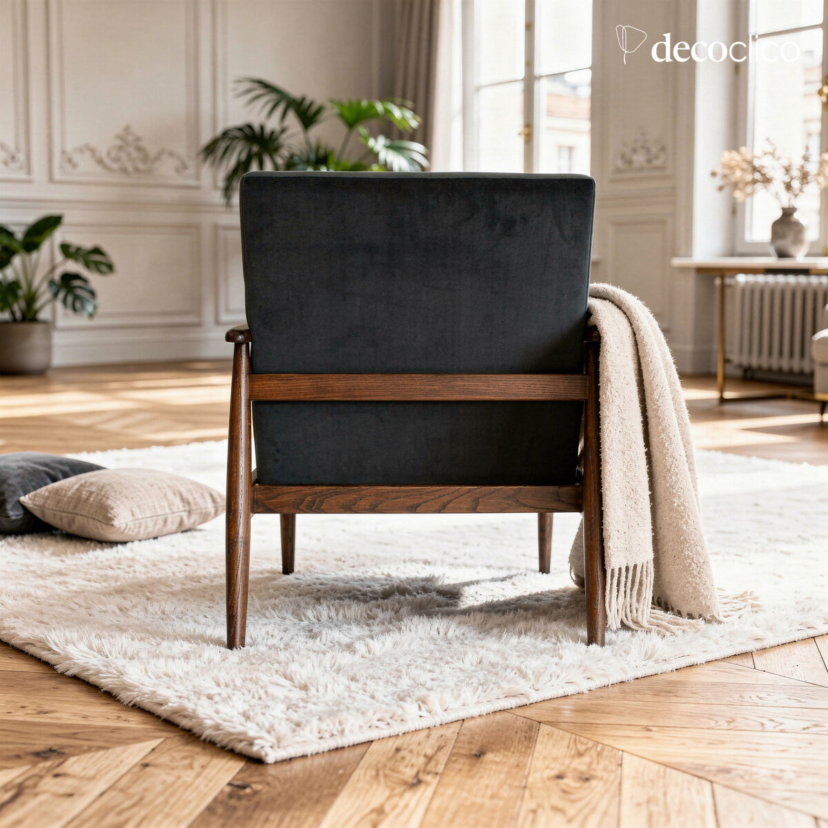 Sillón de fresno y terciopelo gris Octave