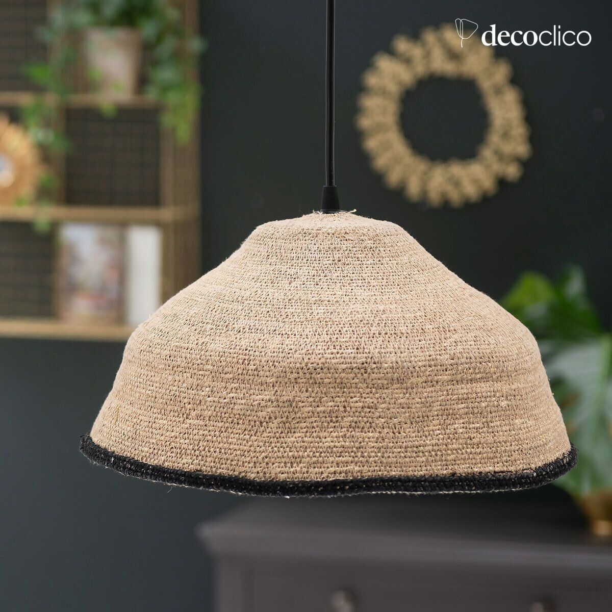 Sospensione a cappello in giunco marino e bordo nero (non elettrificata) Bayadère