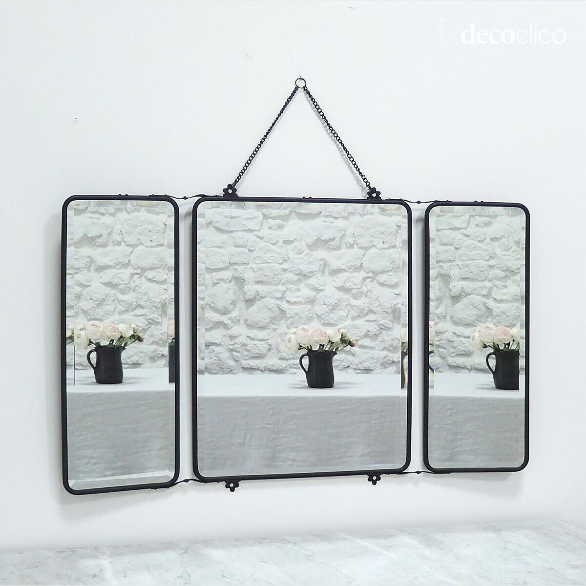 Specchio da barbiere a 3 facce in metallo nero con catena 87 x 55 cm Chaumont