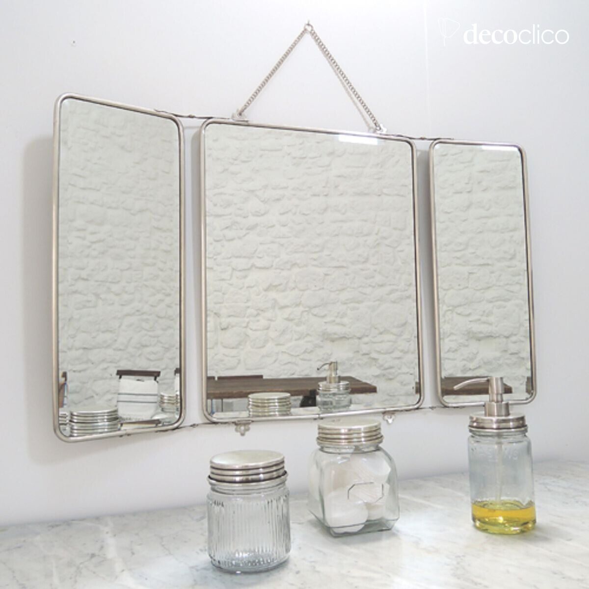 Specchio da barbiere a 3 facce nichelato argento con catena 87 x 55 cm Chaumont