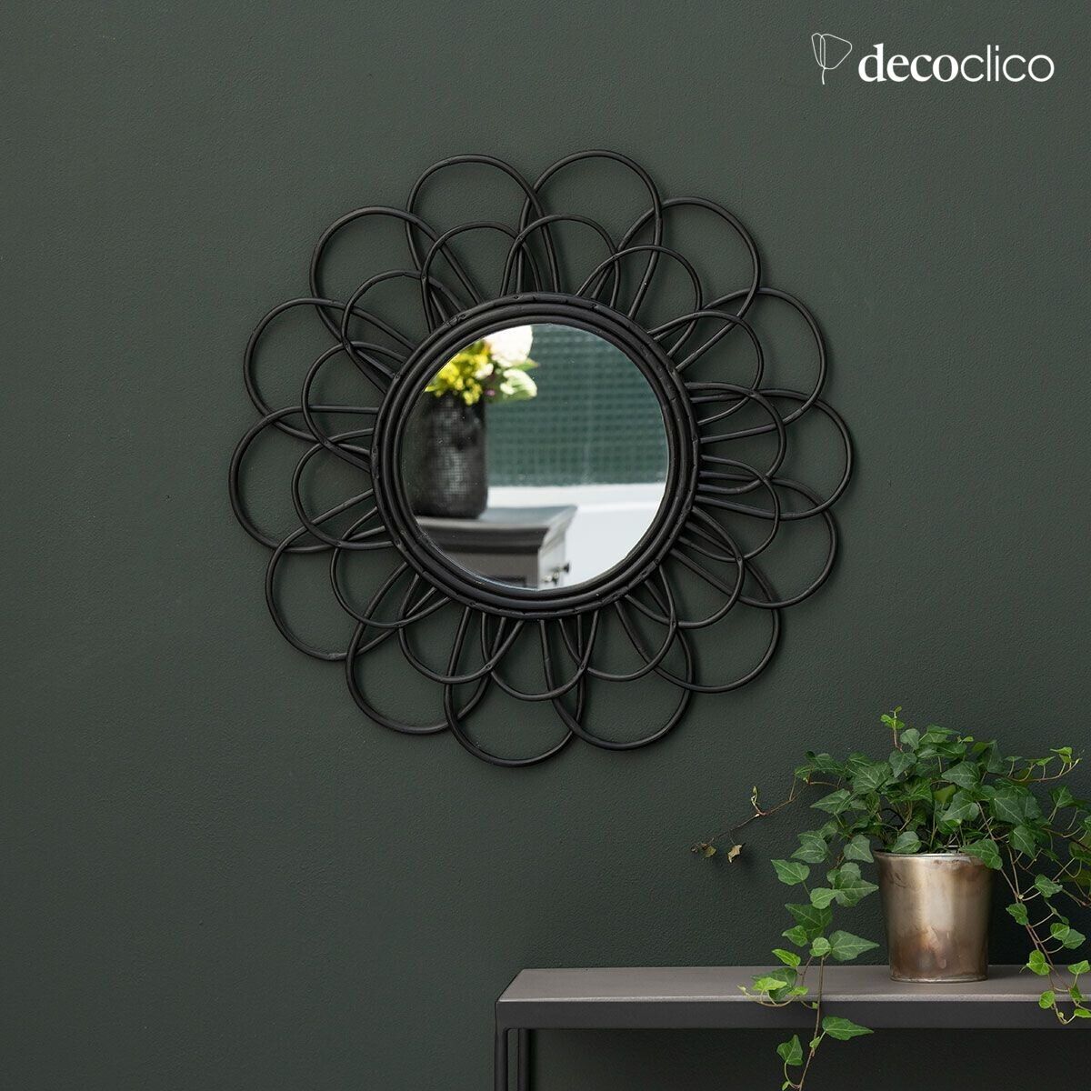 Specchio in rattan a forma di fiore nero 60 cm  Moka