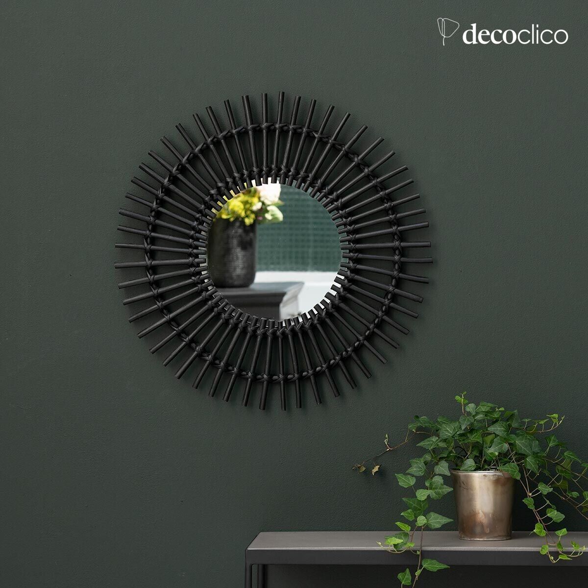 Specchio rotondo a forma di sole in rattan nero 57 cm  Moka