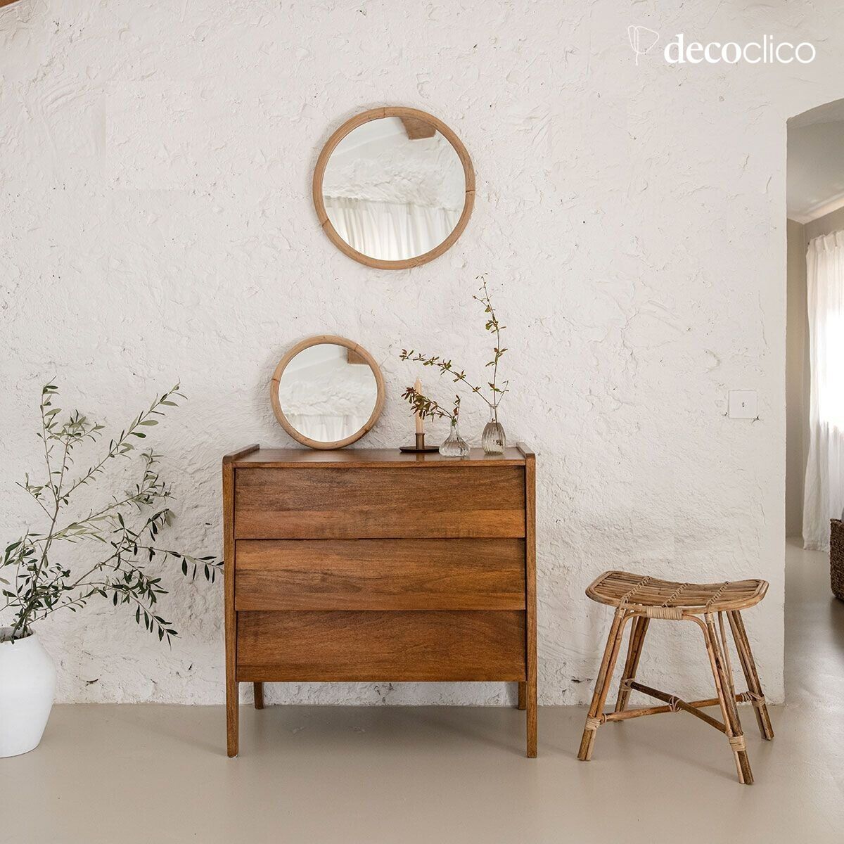 Specchio rotondo con cornice in rattan biondo 35 cm