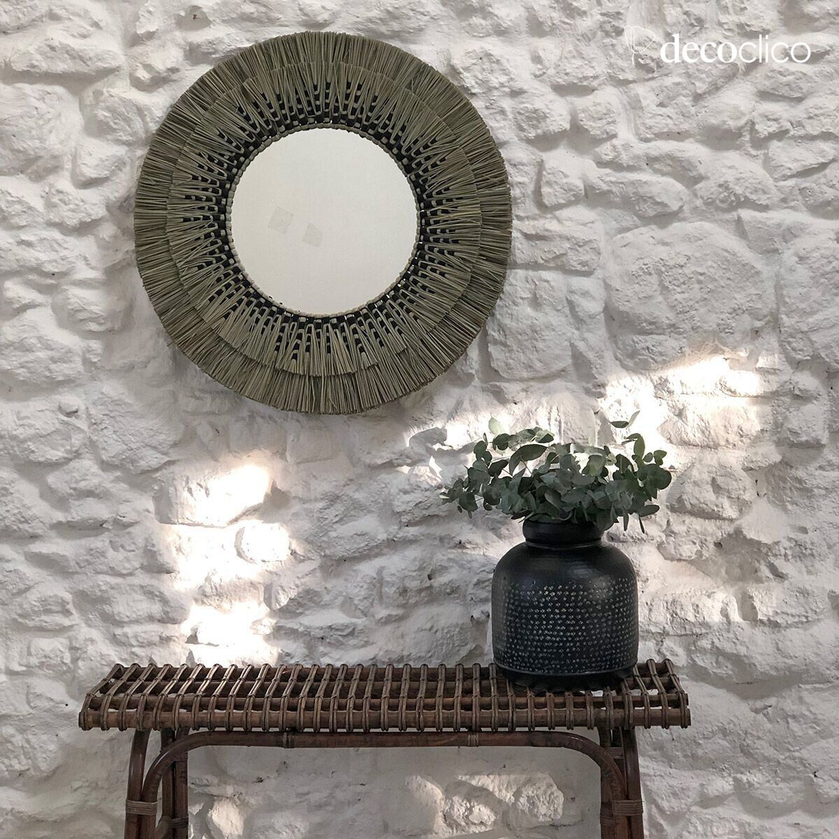 Specchio rotondo in paglia di mendong naturale e nero 80 cm  Sorong