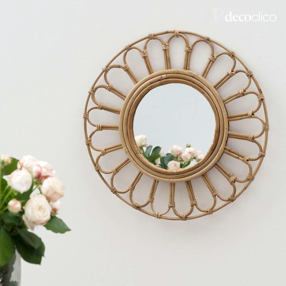 Specchio rotondo vintage a fiore in rattan naturale 45 cm  Moka