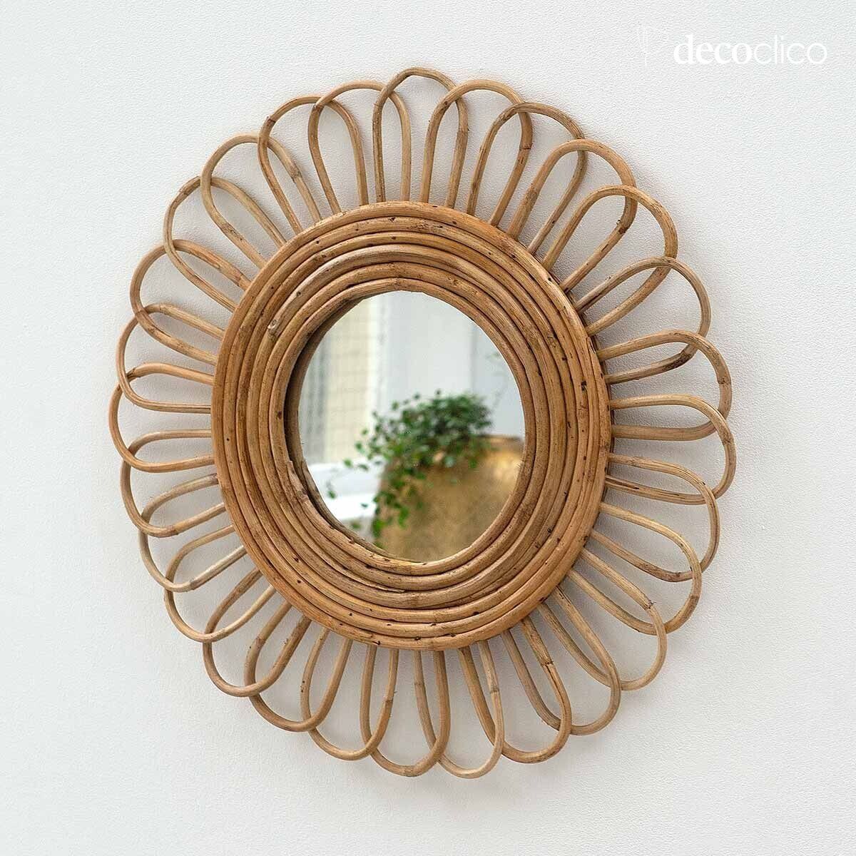 Specchio rotondo vintage a fiore in rattan naturale 48 cm  Moka