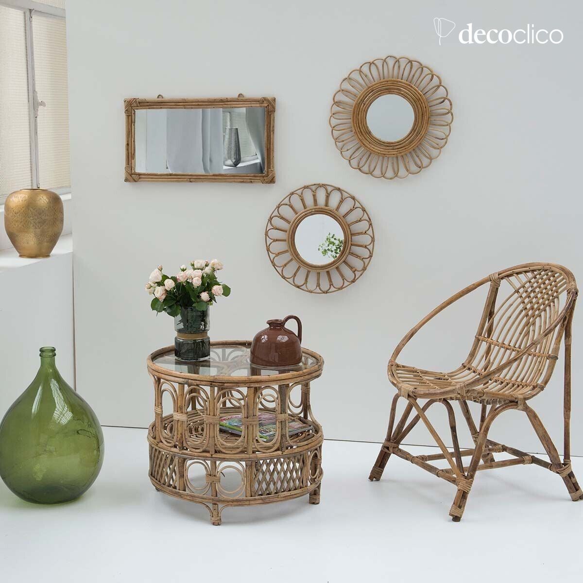 Specchio rotondo vintage a fiore in rattan naturale 48 cm  Moka