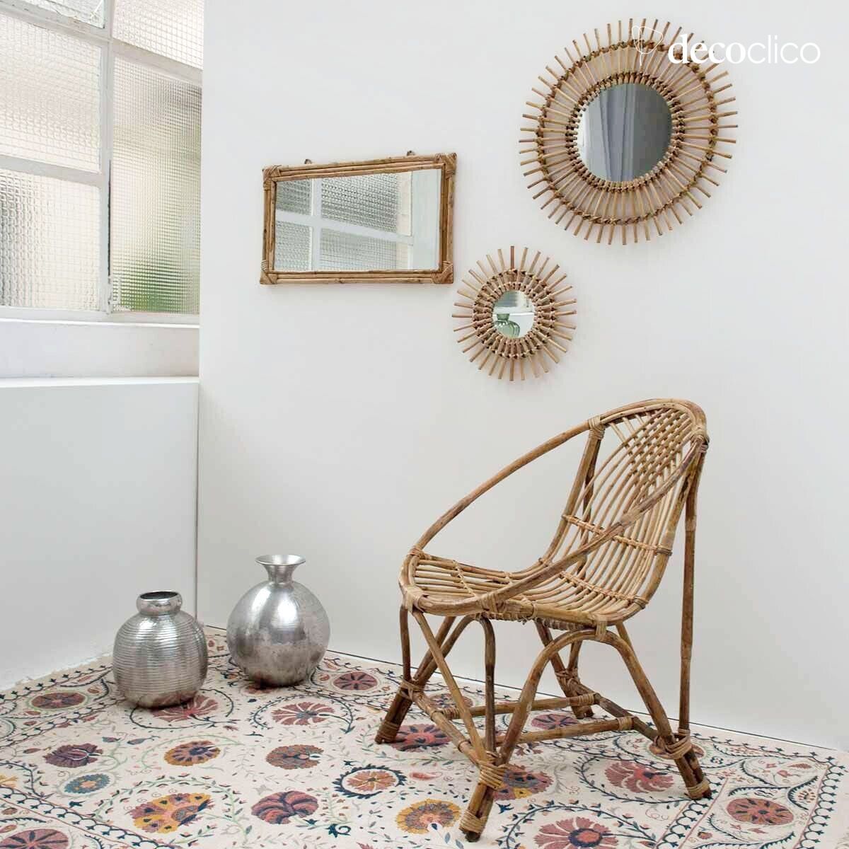 Specchio rotondo vintage a forma di sole in rattan naturale 56 cm Moka