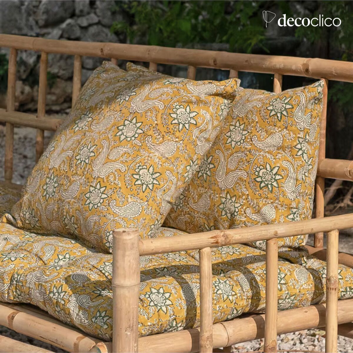Square cushion with removable cover in block print cotton with a dominant yellow color Pamir