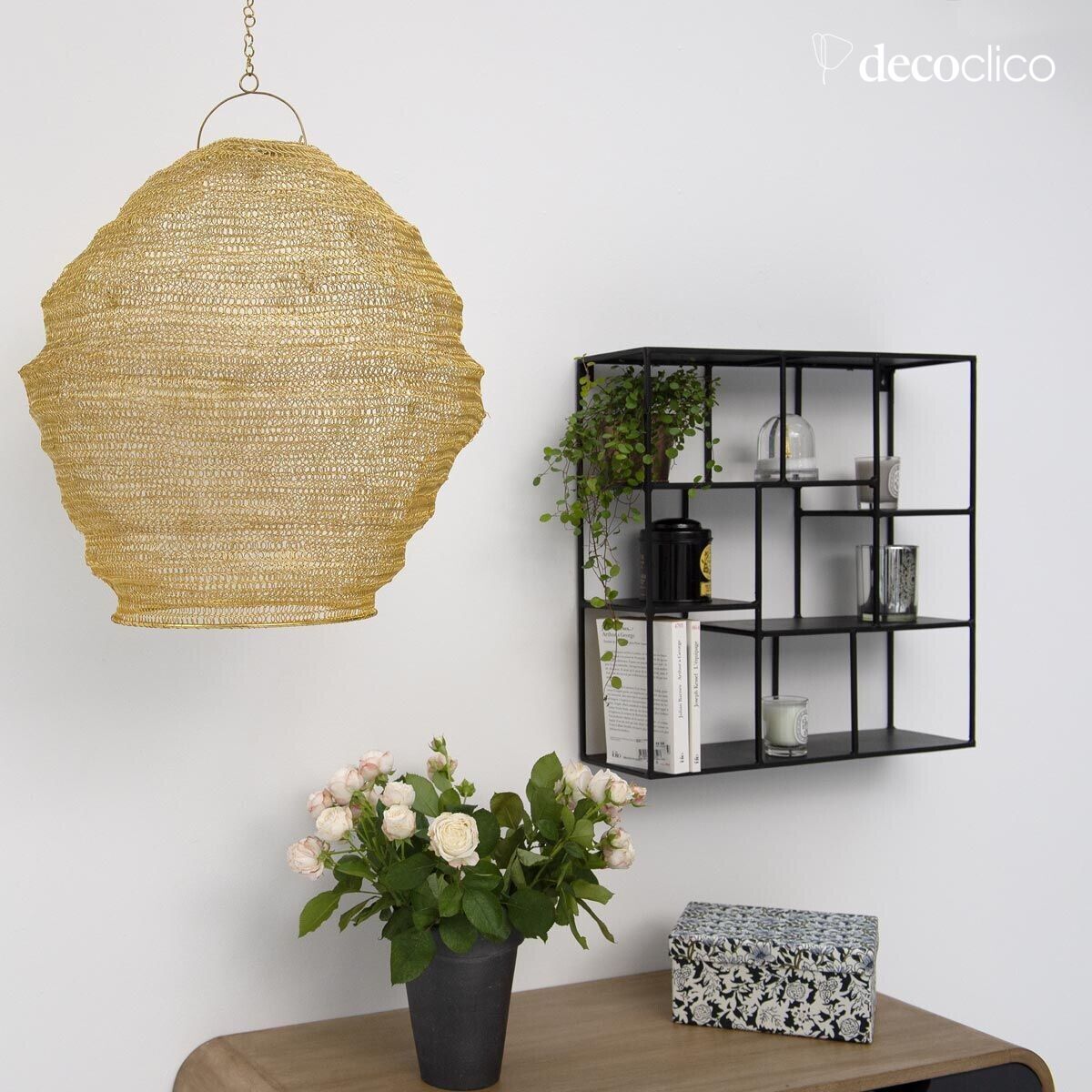 Square wall shelf in matt black wire-look metal Uptown