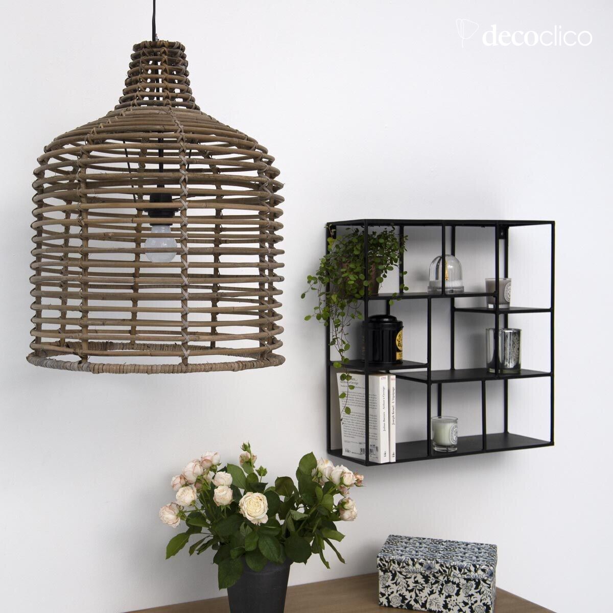 Square wall shelf in matt black wire-look metal Uptown