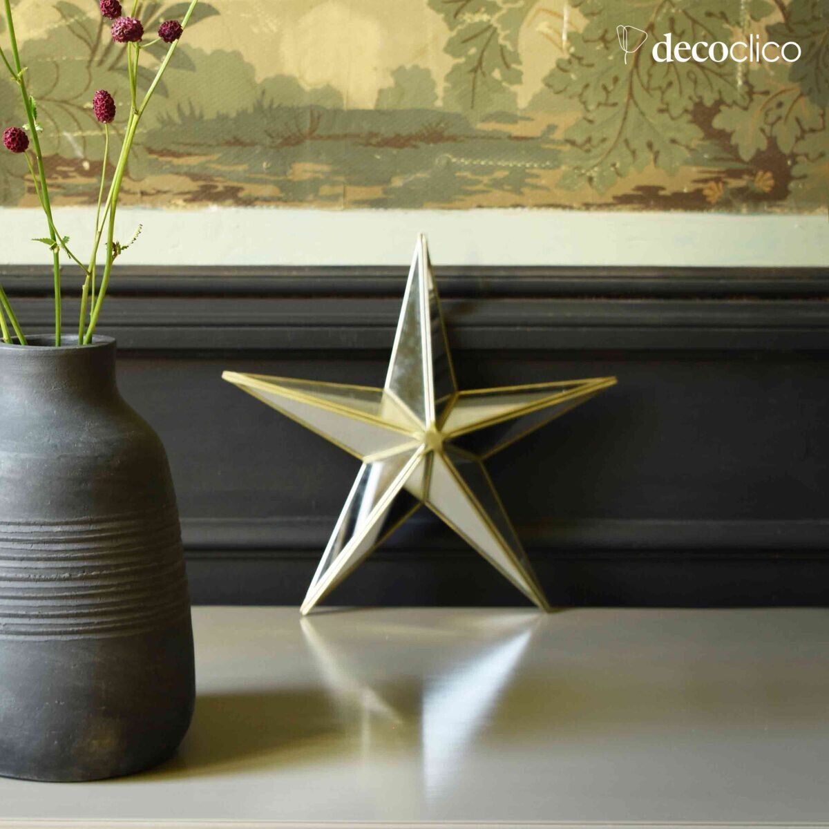 Star-shaped wall decoration in brass-finish metal and 25 cm mirrored glass
