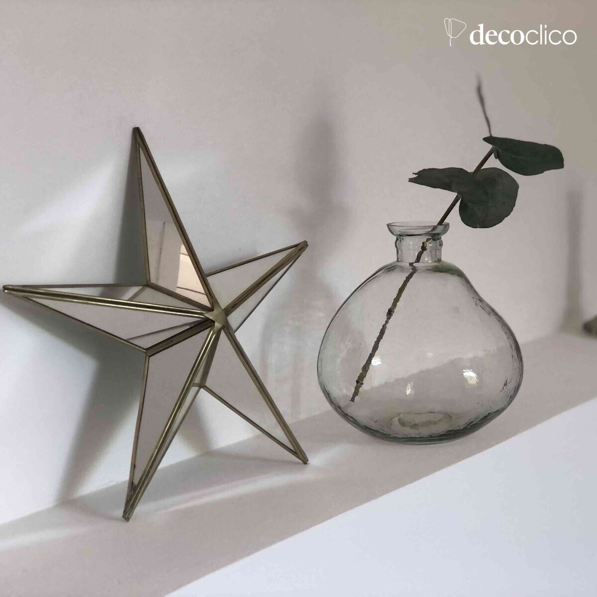 Star-shaped wall decoration in brass-finish metal and 25 cm mirrored glass
