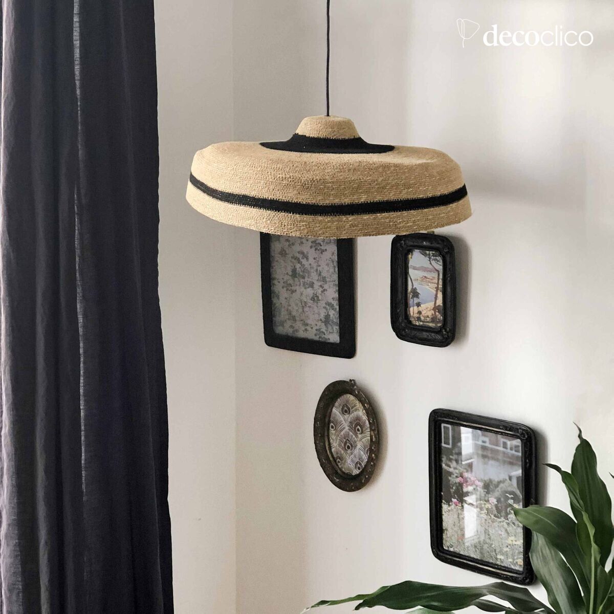 Suspension chapeau en jonc de mer naturel et bande noire (non éléctrifiée) Bayad