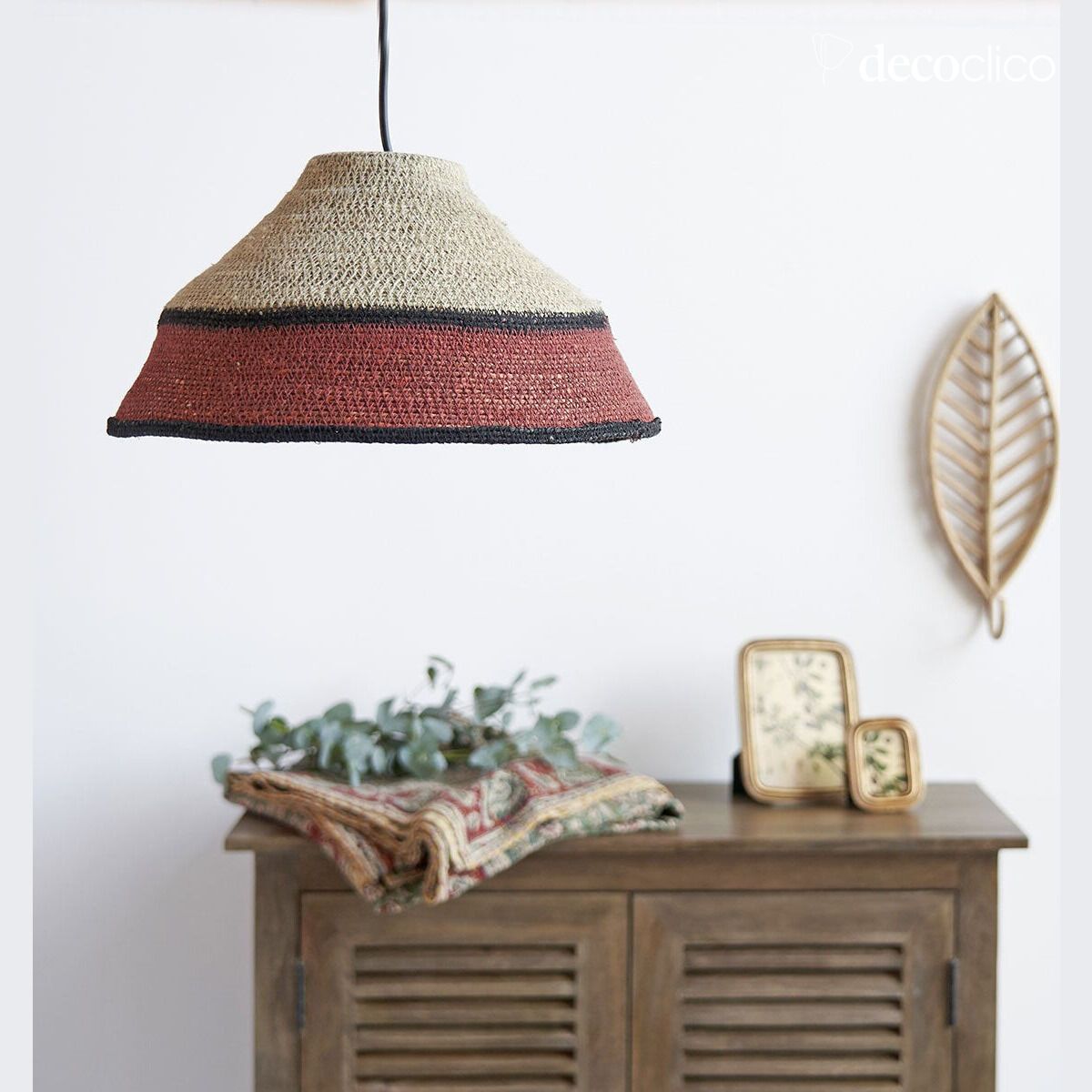 Suspension chapeau jonc de mer naturel et terracotta (non électrifiée) Bayadère