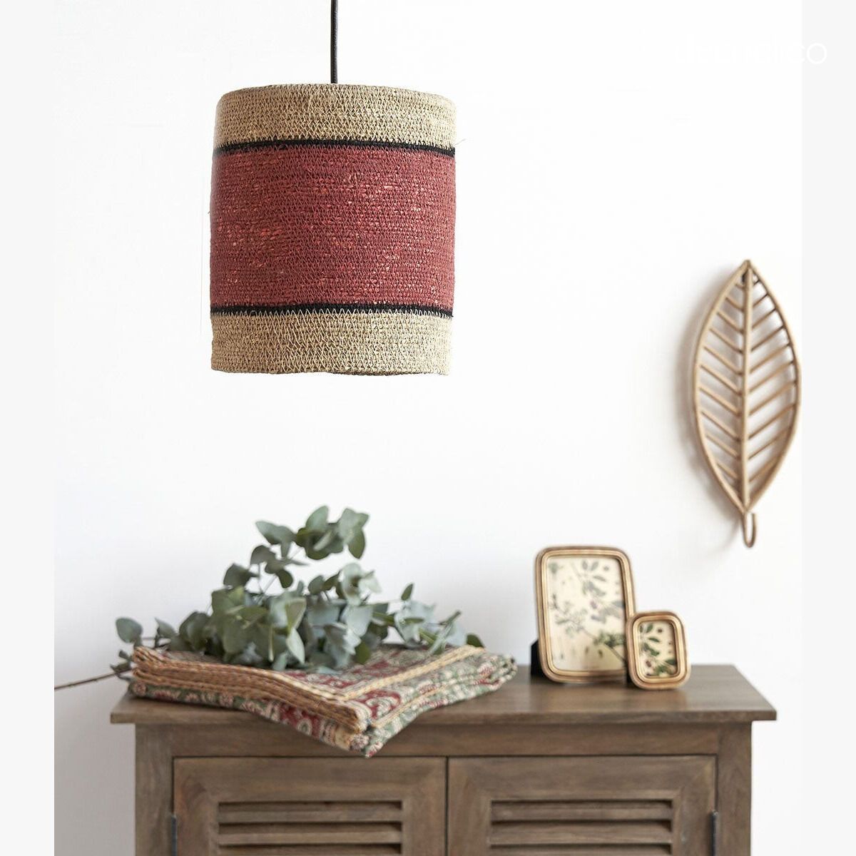 Suspension cloche en jonc de mer naturel et terracotta (non électrifiée) Bayadè