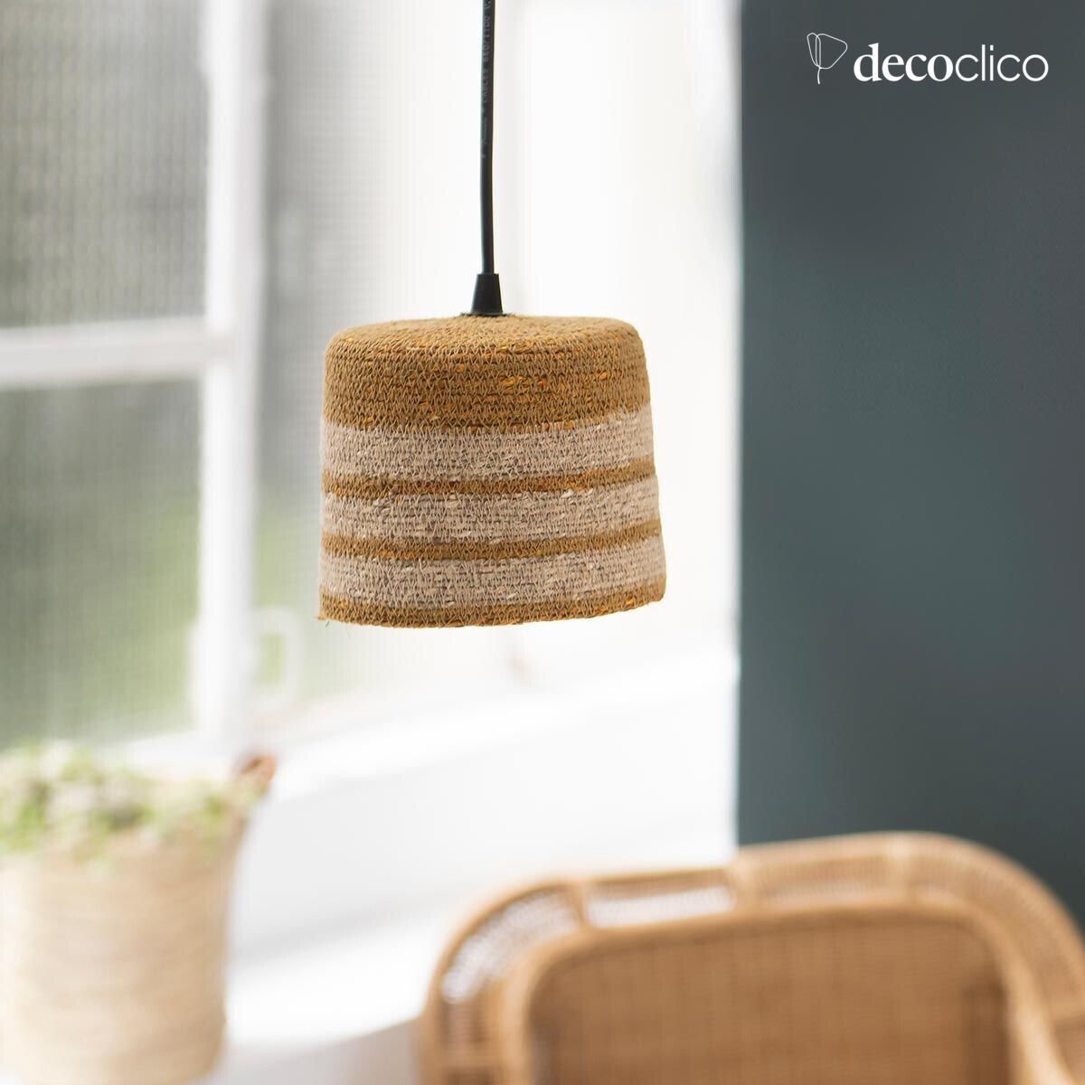 Suspensión de campana de junco de mar y tiras de color mostaza (sin electricidad) Bayadère