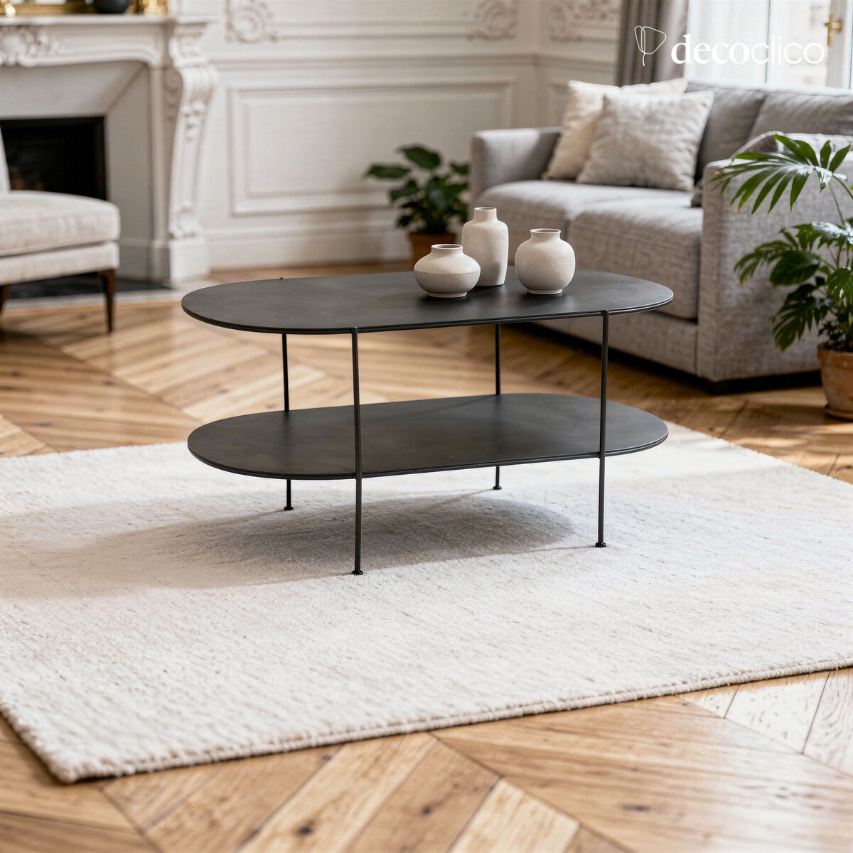 Table basse ovale double niveau en métal noir mat