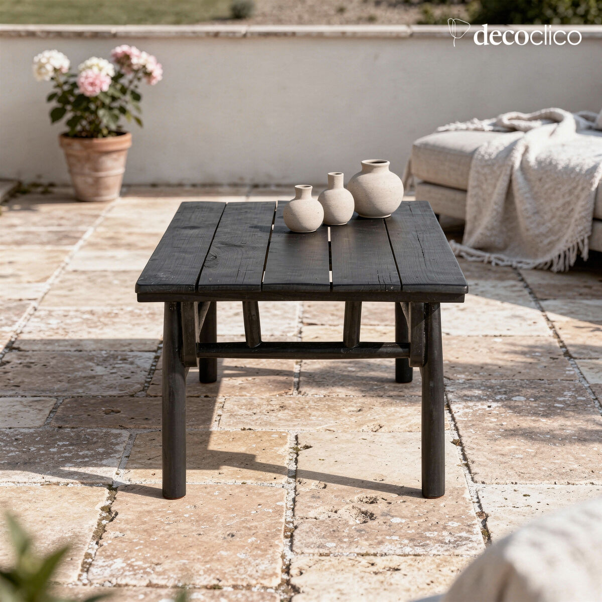 Table basse rectangulaire en bois de teck teinté noir mat Pepper