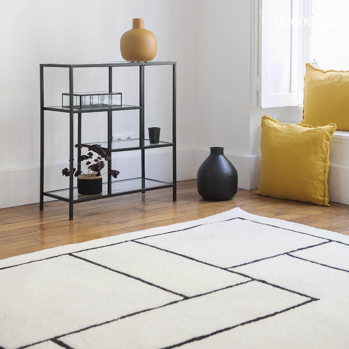 Tapis 100% laine écru à motifs noirs tissé main 140 x 200 cm  Bergen