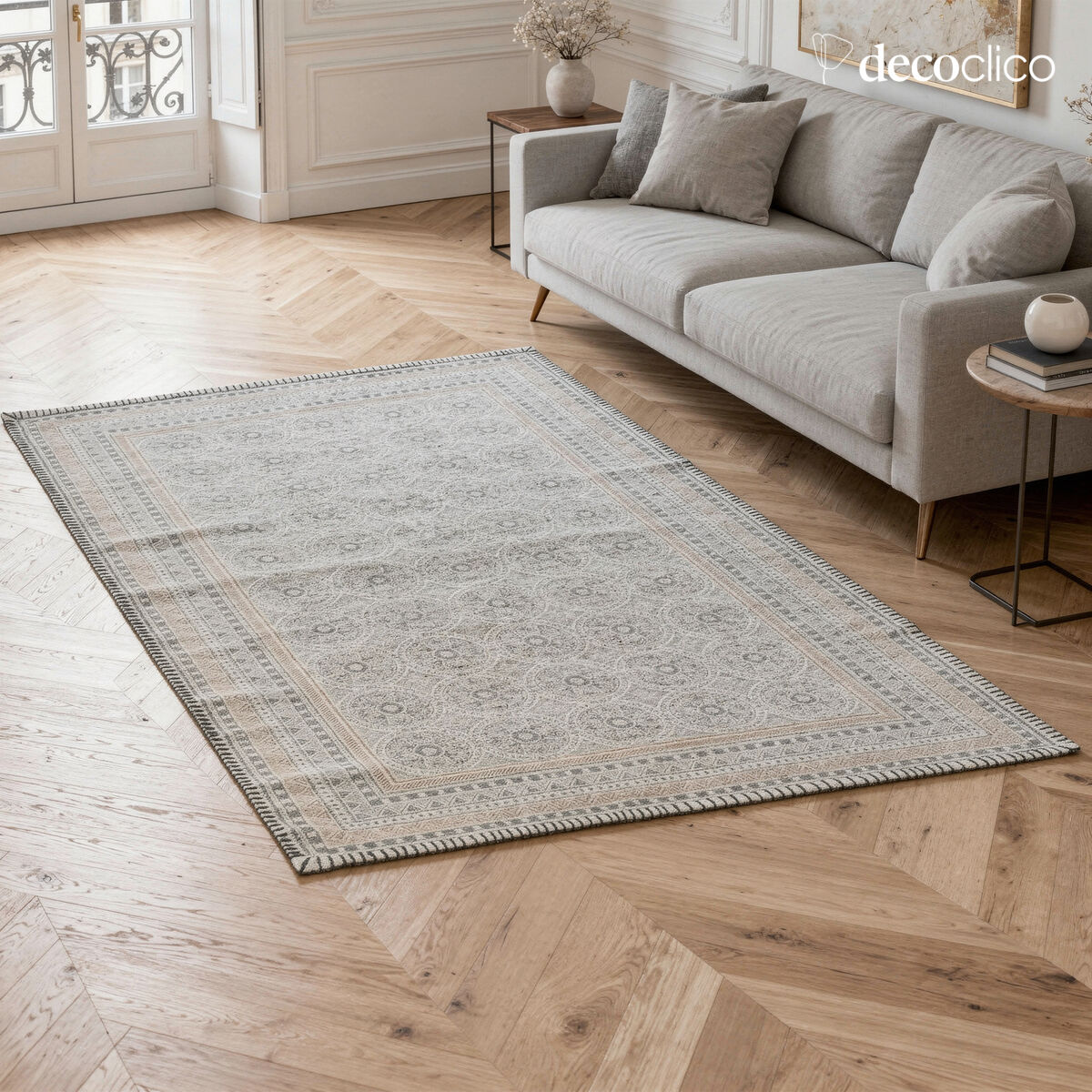 Tapis en coton tissé main impression block print écru à motifs charbon 140 x 200 Bergen