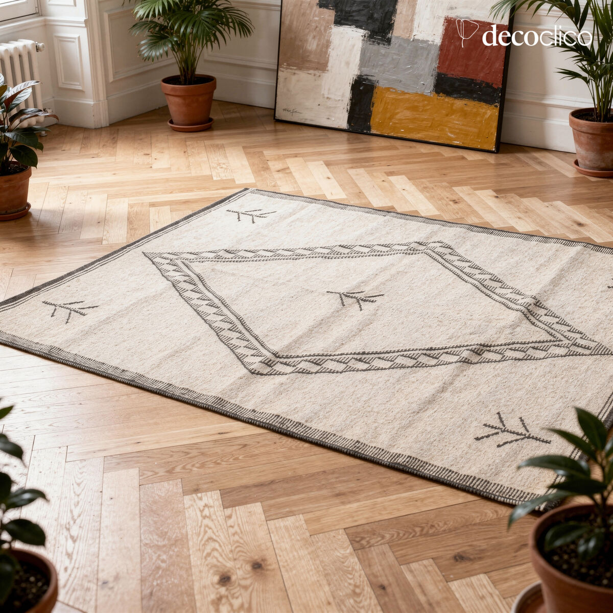 Tapis en laine écru à motif noir tissé main 140 x 200 cm Bergen