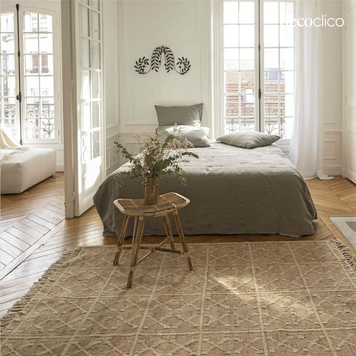 Tapis en jute et coton tressés motifs croix sable tissé main 140 x 200 Fro