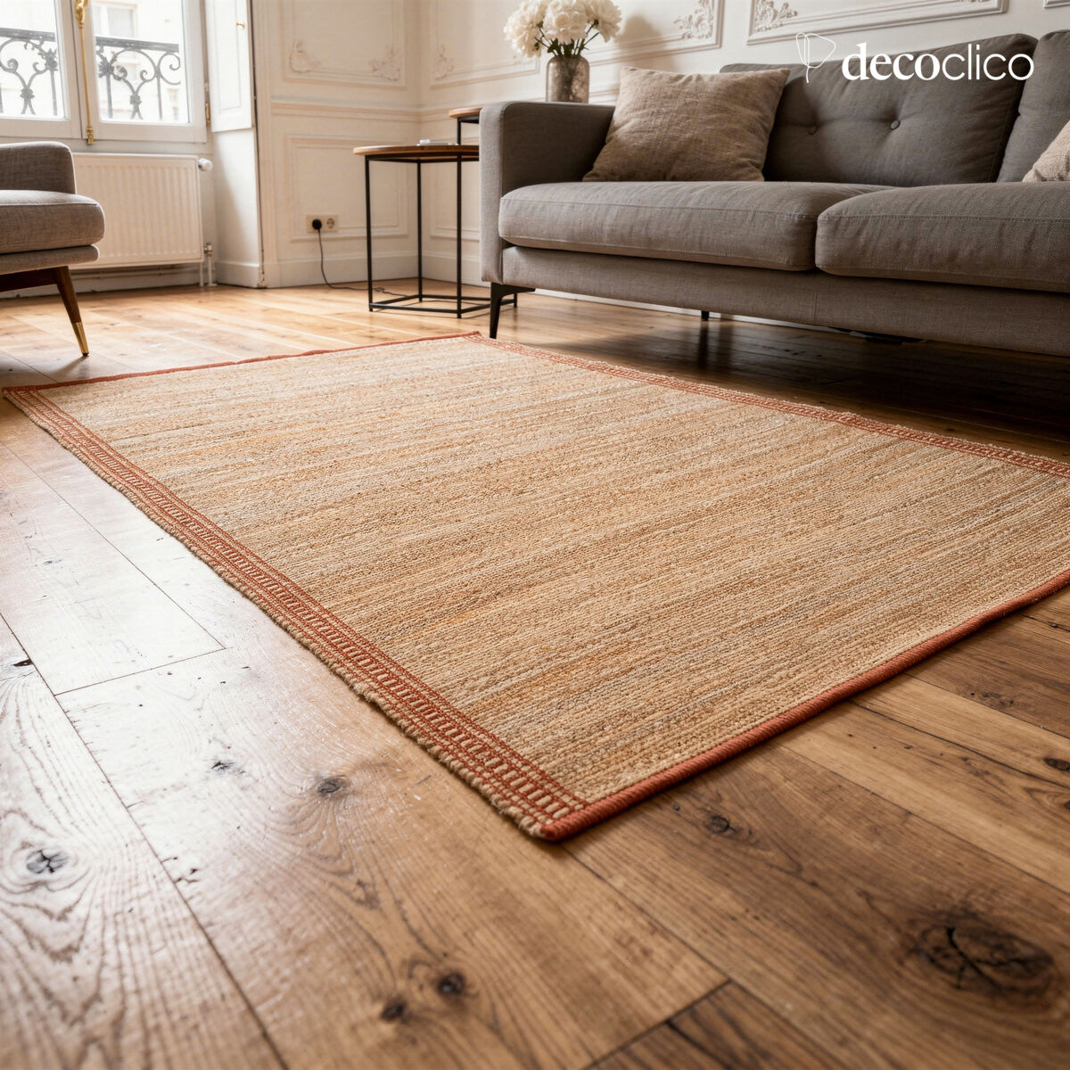 Tapis rectangulaire en jute naturel et coton terracotta tissé main 160 x 230 cm Vaiana