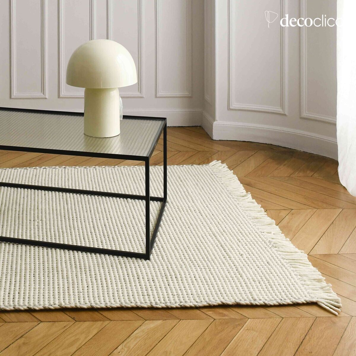 Tapis rectangulaire en laine tressée écrue et grise tissé main 140 x 200 cm Fro