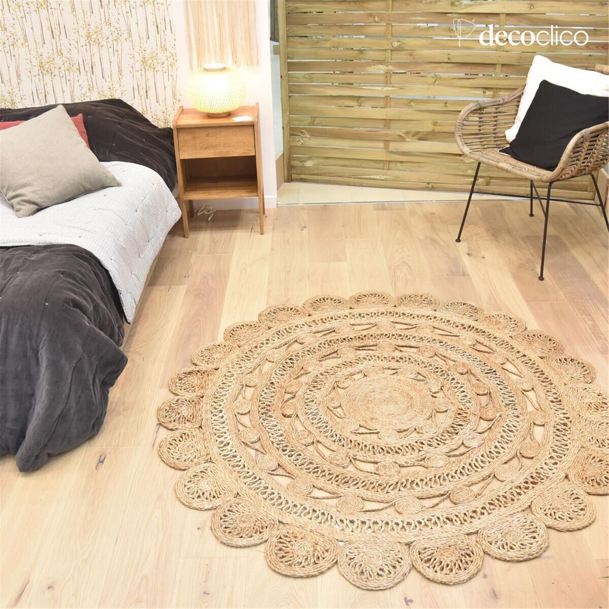 Tapis rond fleur en jute naturel tissé main 150 cm  Moka