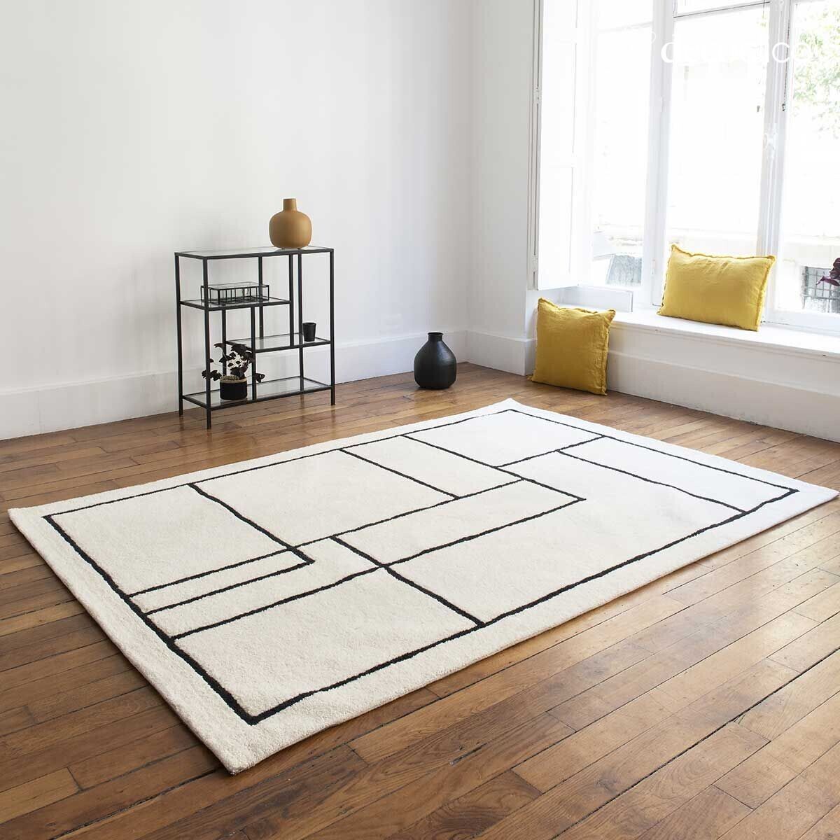 Tappeto 100% lana grezza con motivi neri, tessuto a mano, 140 x 200 cm Bergen