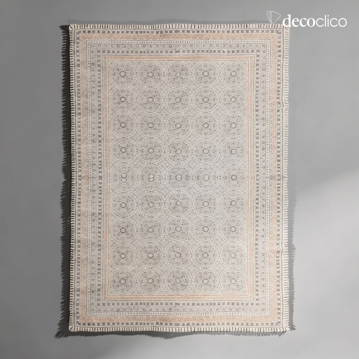 Tappeto in cotone intrecciato a mano con stampa block print greggio con motivi antracite 140 x 200 Bergen