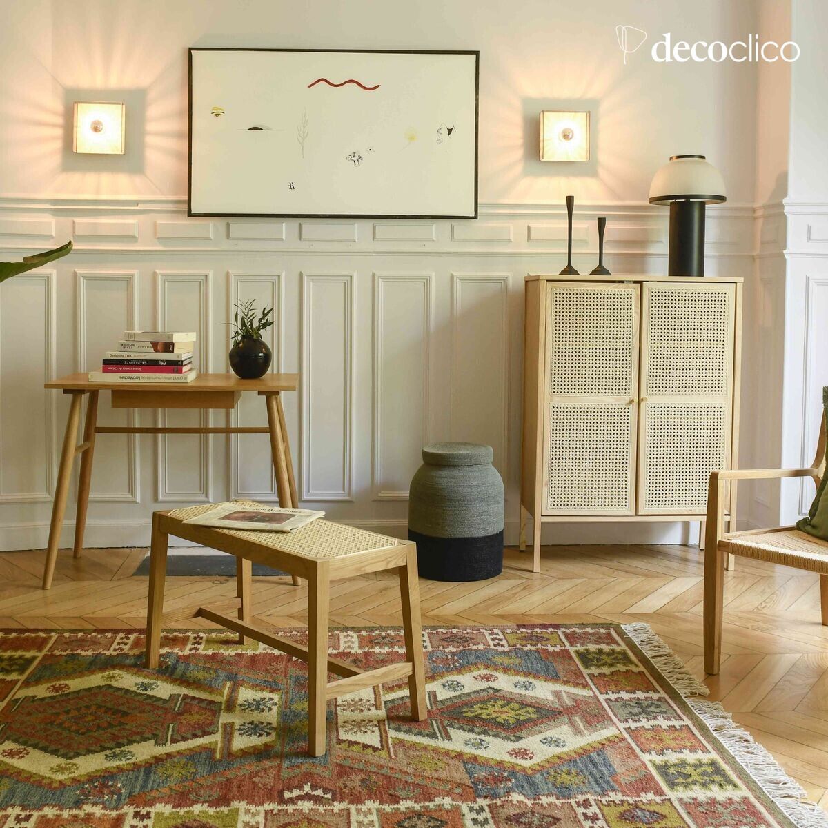 Tappeto rettangolare in cotone e lana con motivi kilim colorati tessuti a mano 140 x 20 Fro