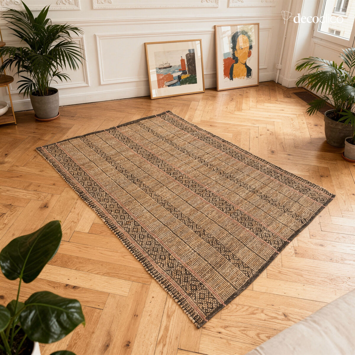 Tappeto rettangolare in iuta naturale e cotone nero intrecciato a mano 160 x 230 cm Vaiana