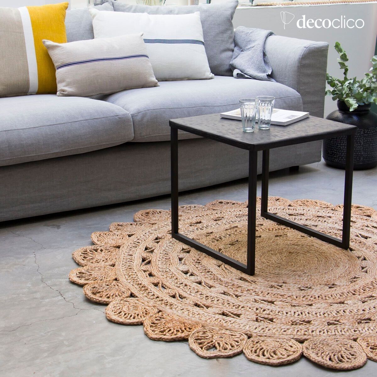 Tappeto rotondo fiore in iuta naturale intrecciata a mano 150 cm  Moka