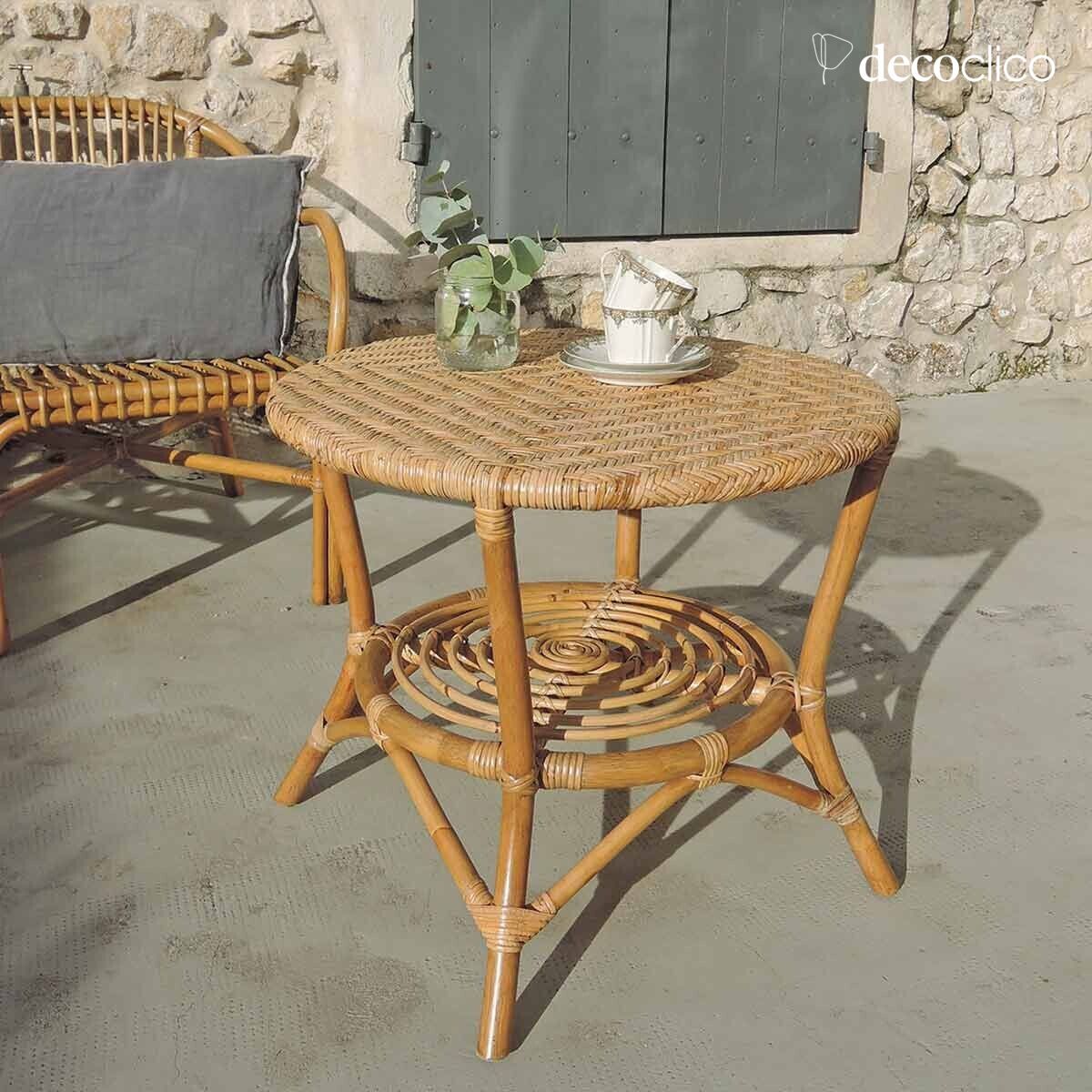 Tavolino da caffè con piano in rattan naturale intrecciato Cabourg