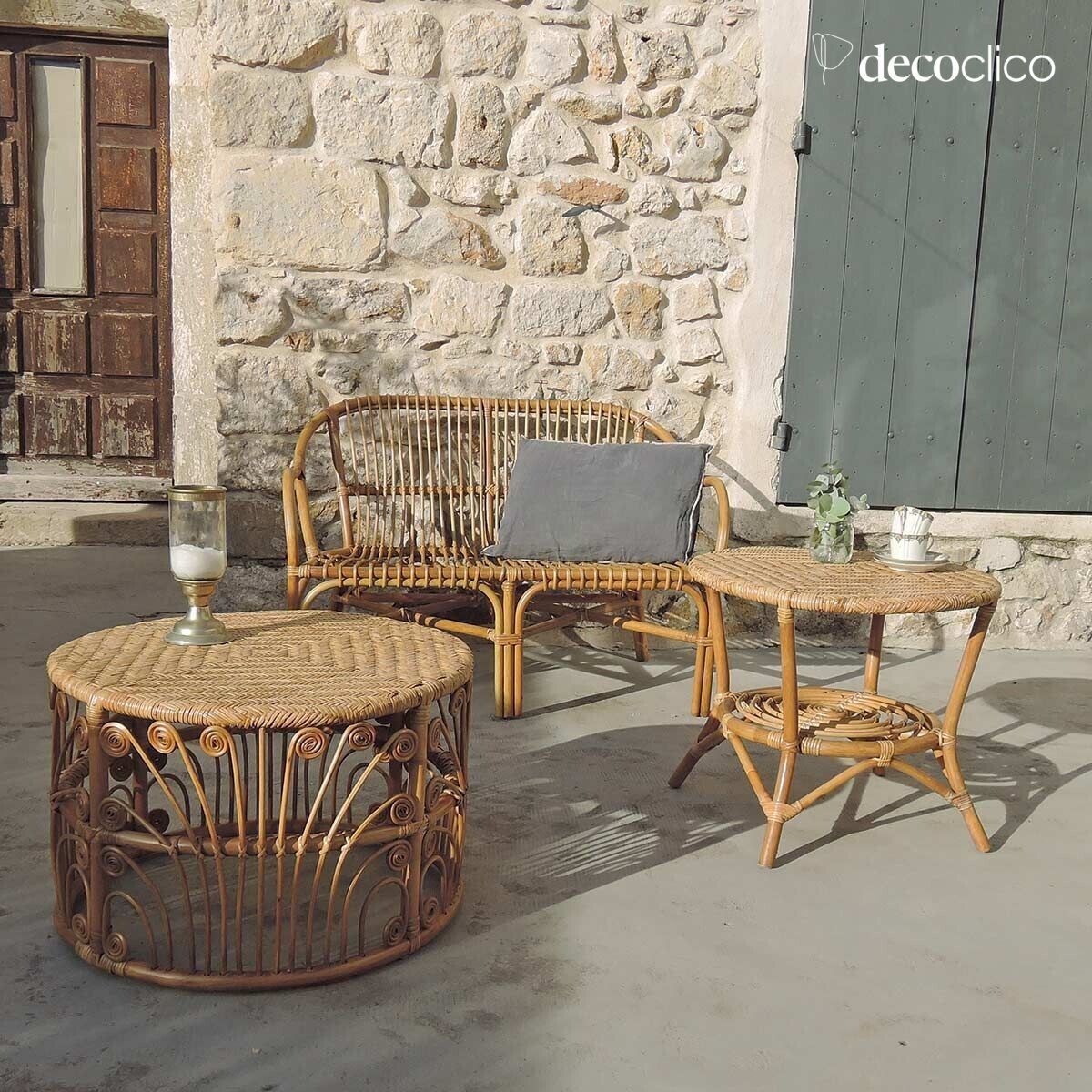 Tavolino da caffè con piano in rattan naturale intrecciato Cabourg