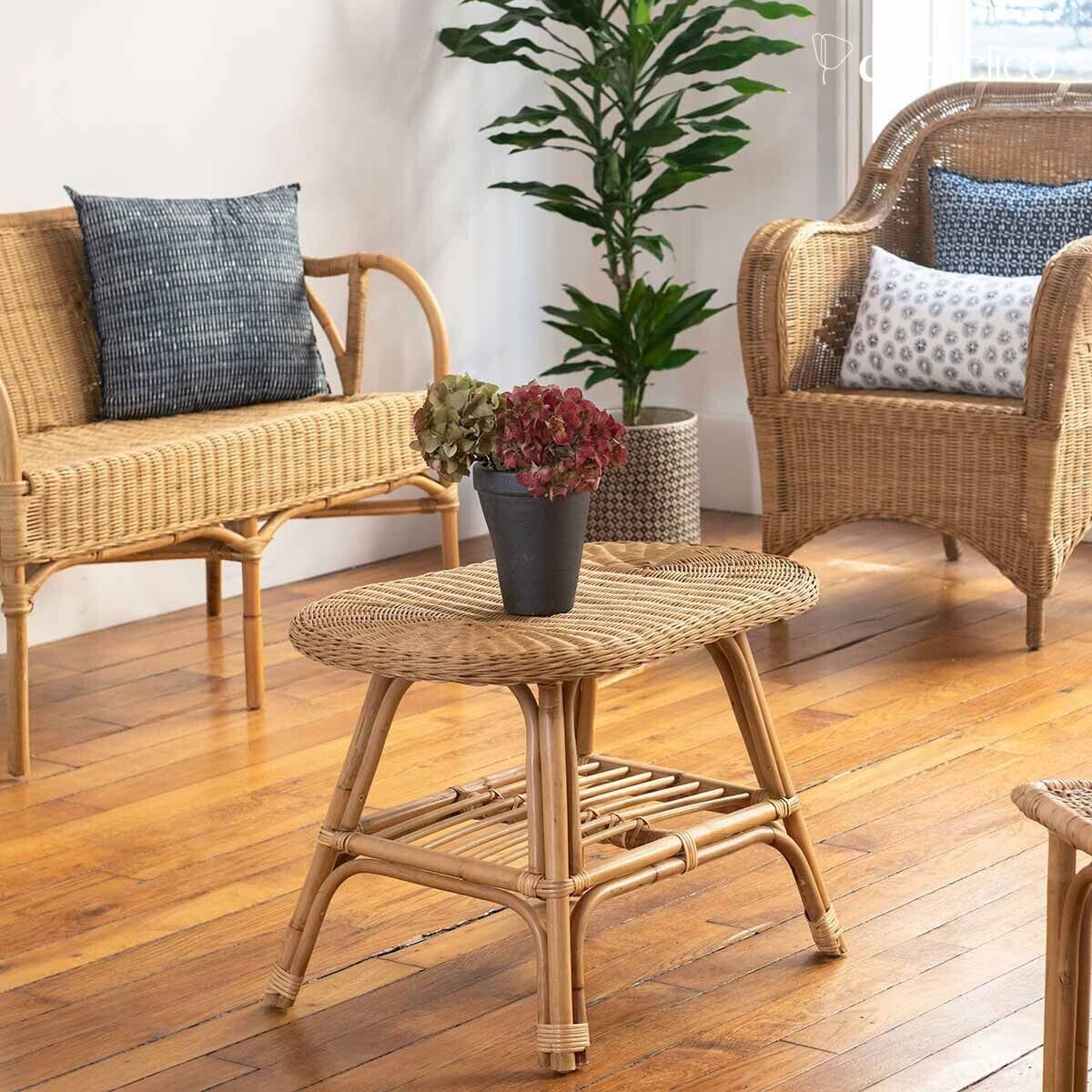 Tavolino ovale in rattan naturale con piano intrecciato Cabourg