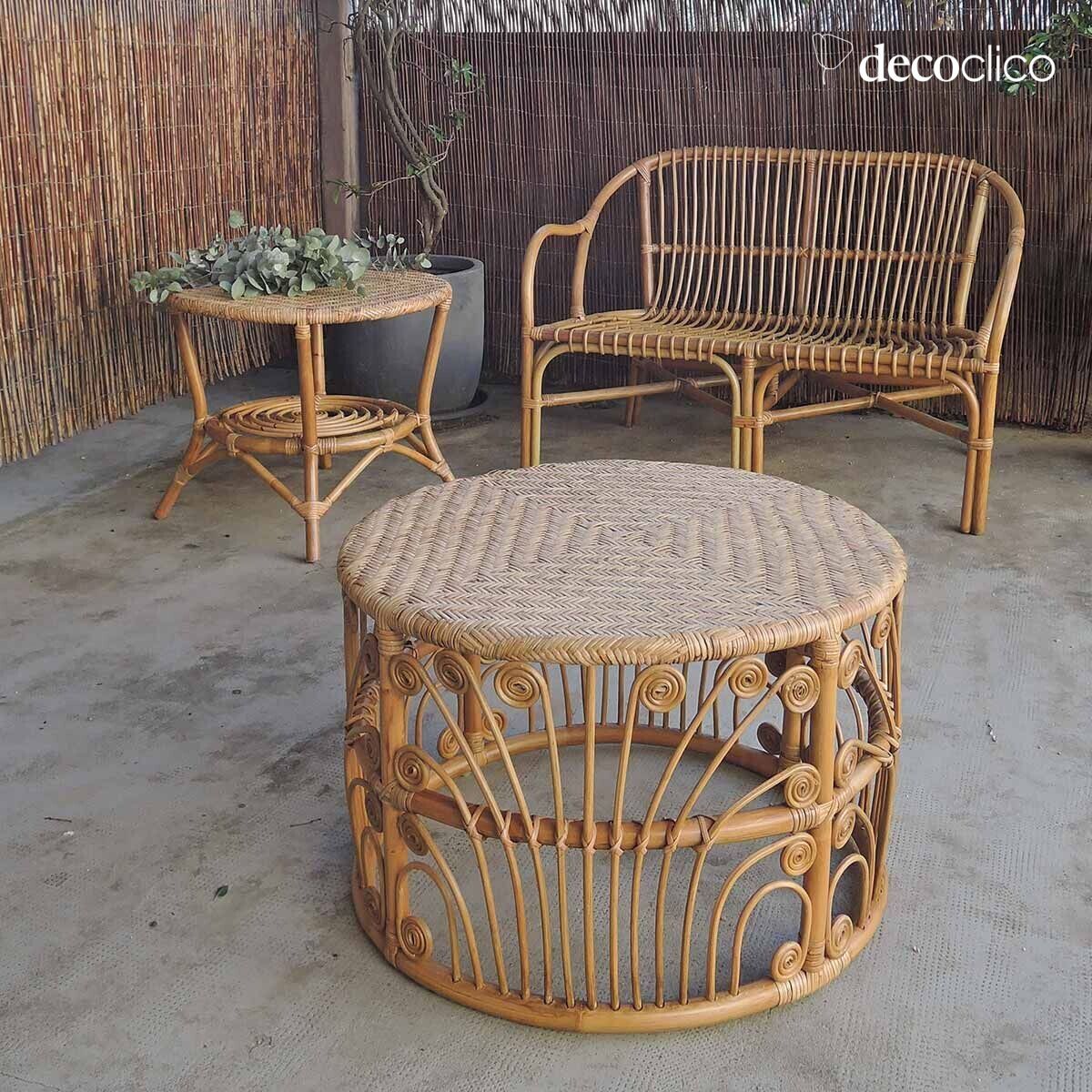 Tavolino rotondo in rattan naturale e piano intrecciato Pavone