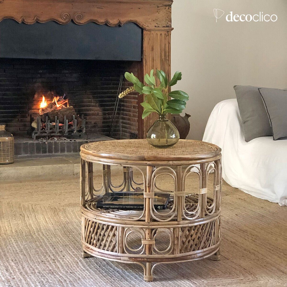 Tavolino rotondo in rattan naturale stile vintage Moka