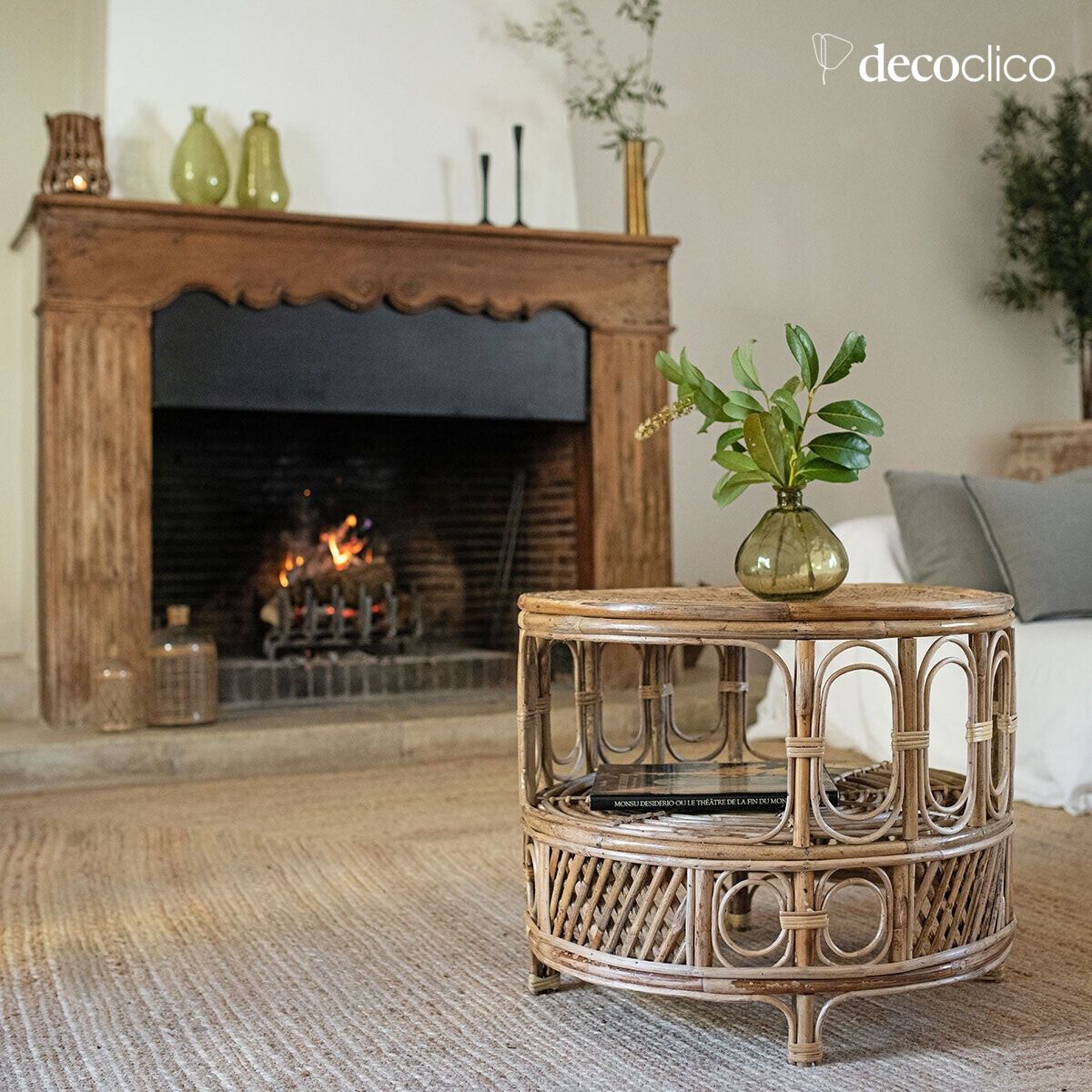 Tavolino rotondo in rattan naturale stile vintage Moka