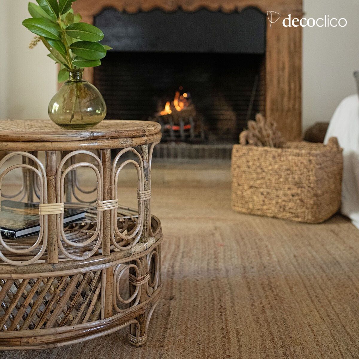 Tavolino rotondo in rattan naturale stile vintage Moka