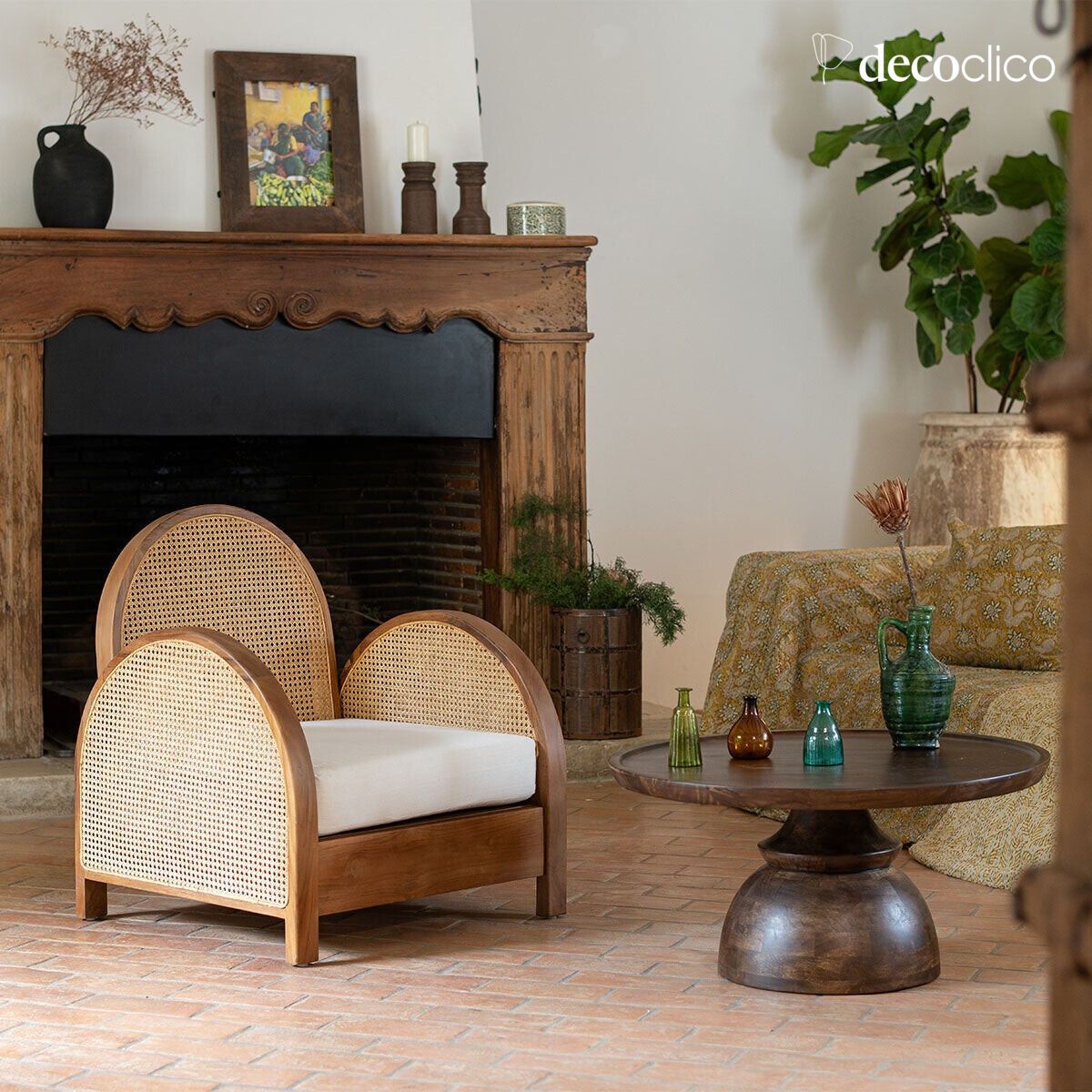 Teakhouten en rotan fauteuil met zitkussen Malaya