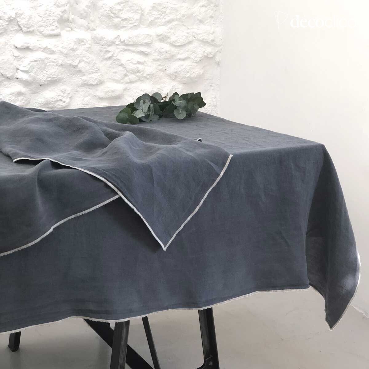 Tischdecke oder Vorhang aus gewaschenem Leinen, anthrazitgrau, mit sandfarbenem Überwendling - 1 Oslo